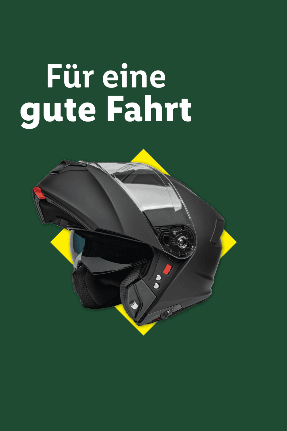 Schwarzer Motorradhelm auf gelbem Hintergrund mit dem Text 'Für eine gute Fahrt'.