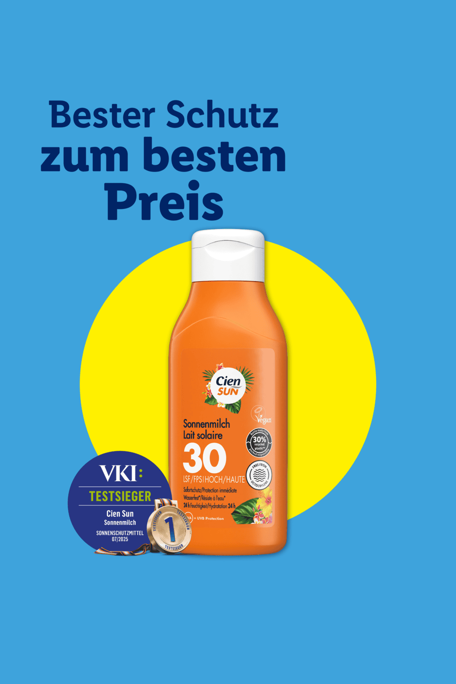 Sonnenschutzmilch mit LSF 30, ausgezeichnet als Testsieger, auf blauem Hintergrund mit gelbem Kreis.