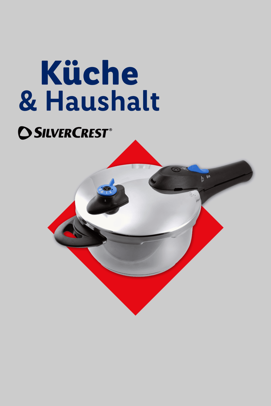 Druckkochtopf auf rotem Quadrat, mit Text 'Küche & Haushalt'