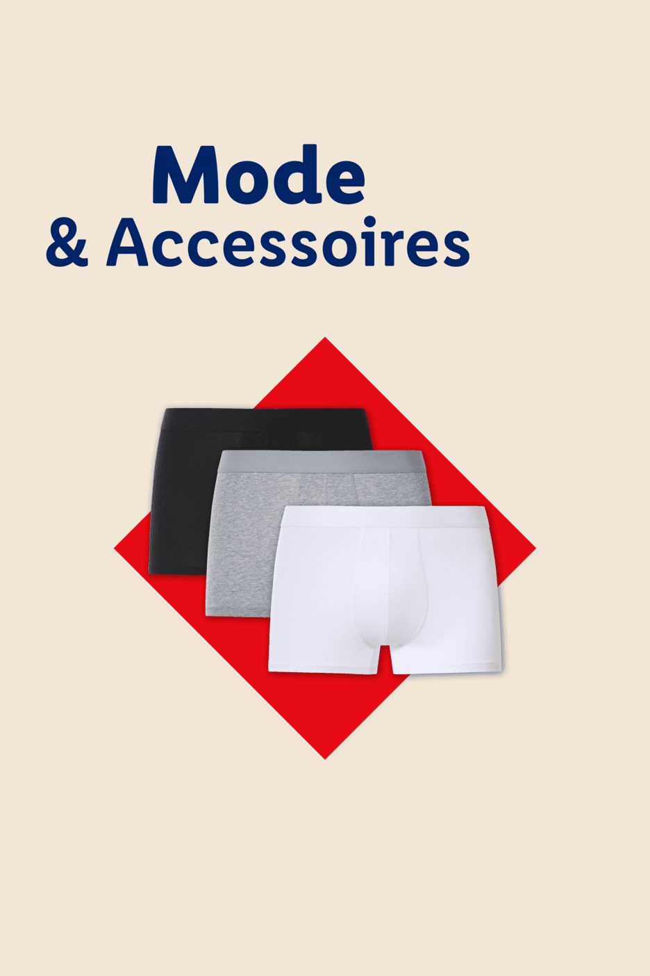 Drei Boxershorts in Schwarz, Grau und Weiß auf rotem Hintergrund mit dem Text „Mode & Accessoires“.