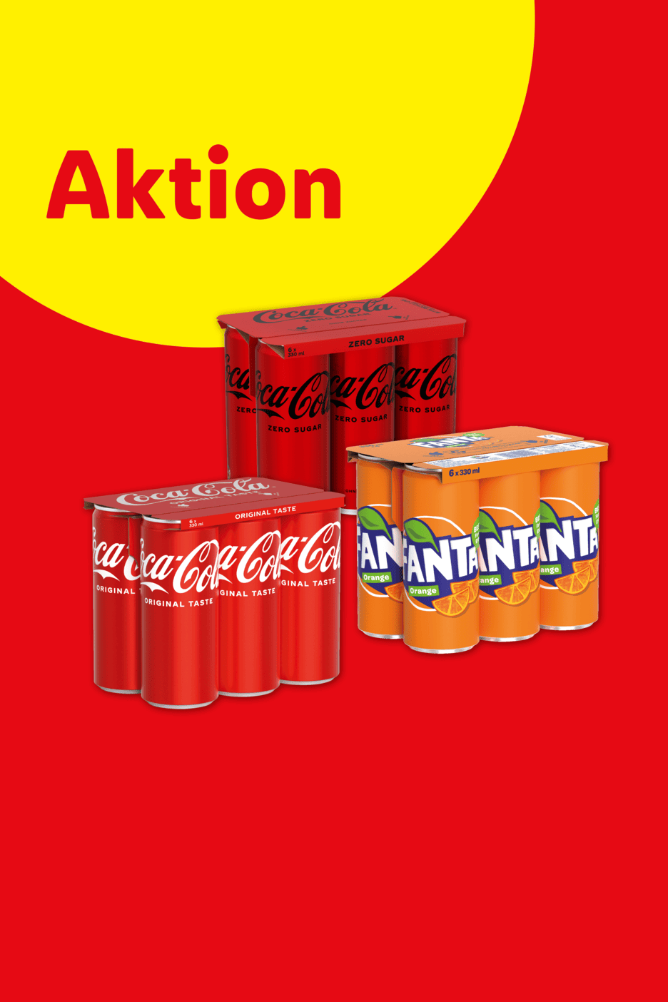 Aktion: Sechserpacks mit kohlensäurehaltigen Getränkedosen in Rot und Orange.