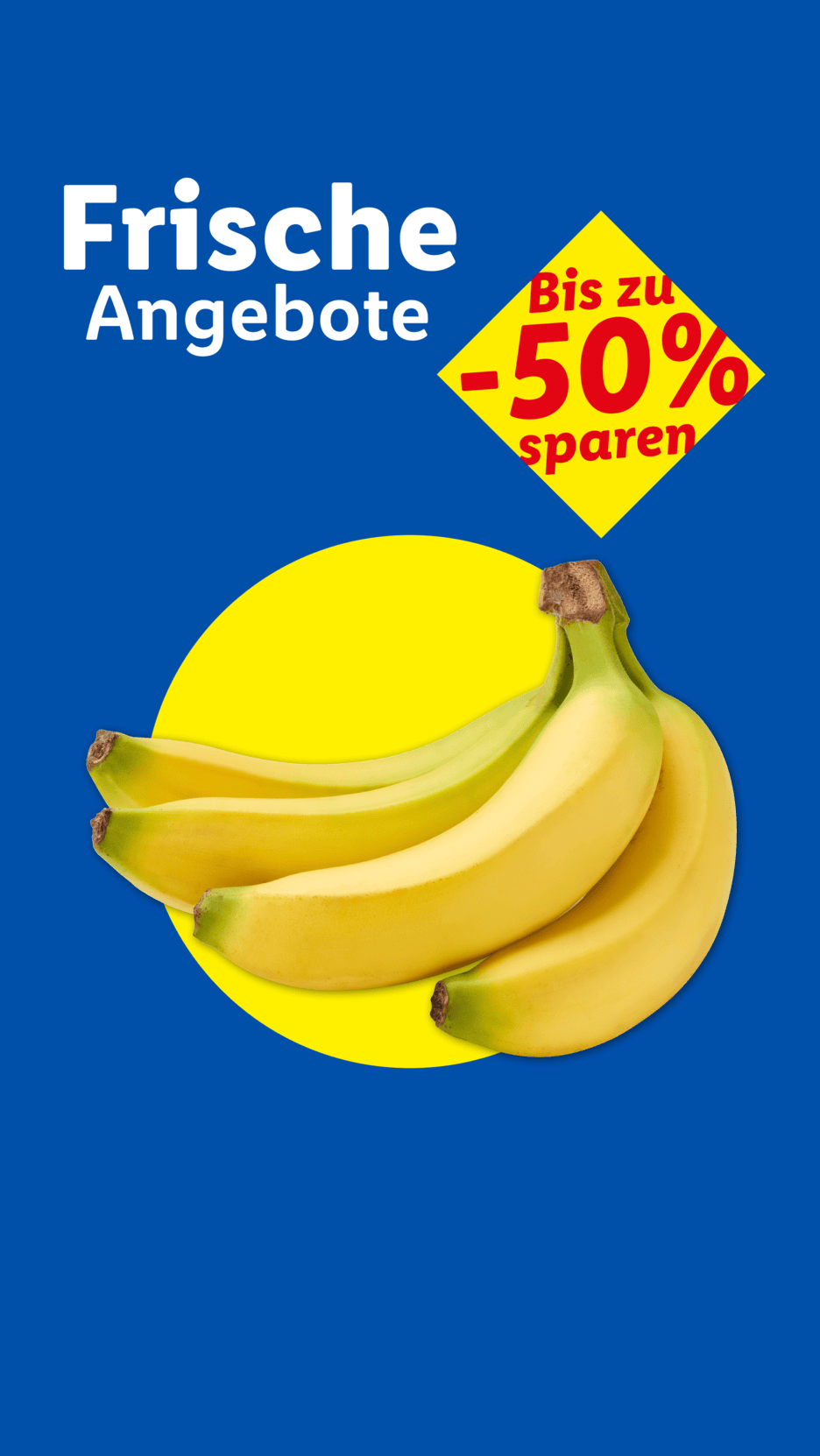Frische Angebote: Bananen mit bis zu -50% Rabatt auf blauem Hintergrund.