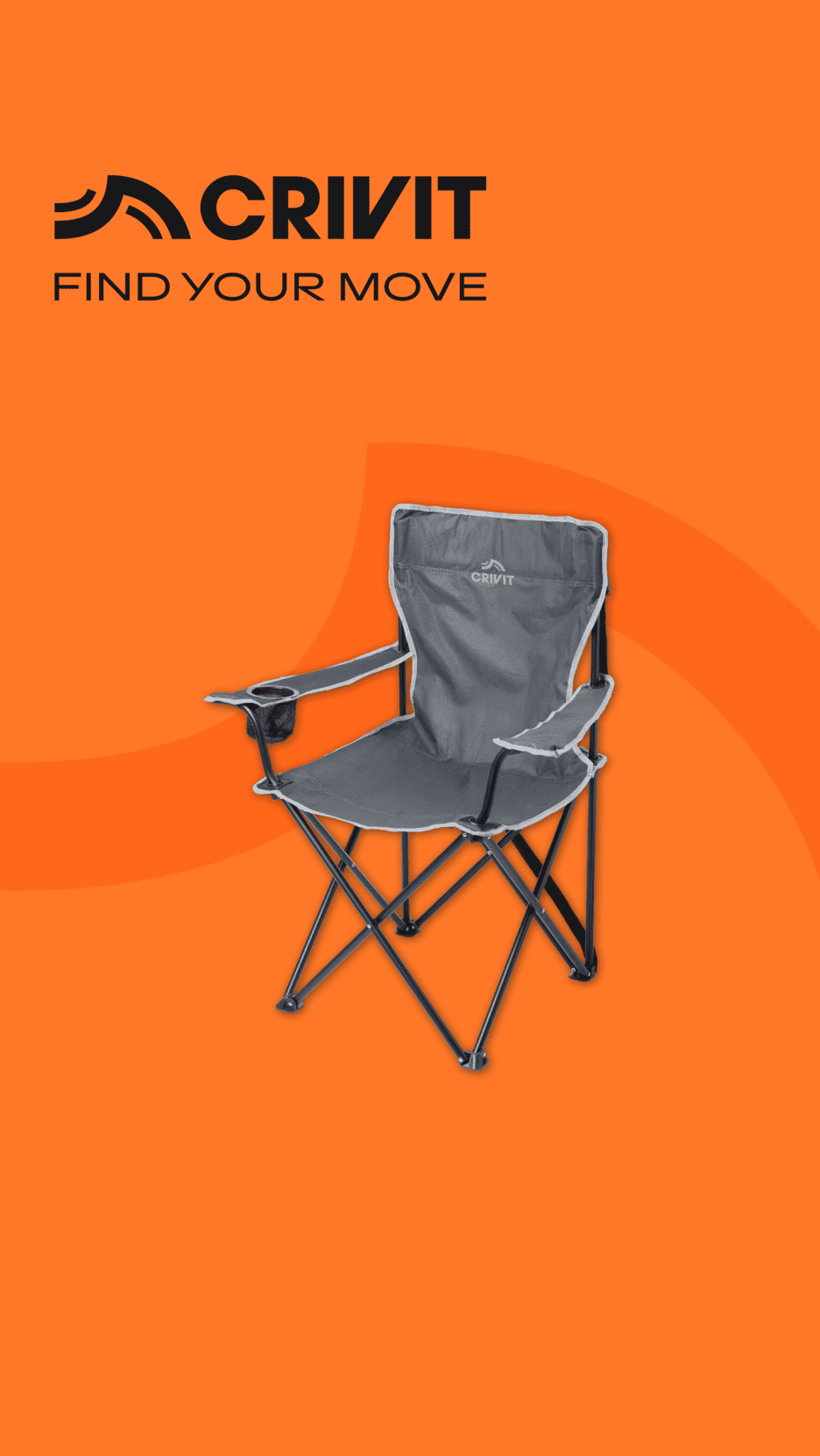 Grauer Klappstuhl mit Getränkehalter auf orangefarbenem Hintergrund mit dem Text „FIND YOUR MOVE“.