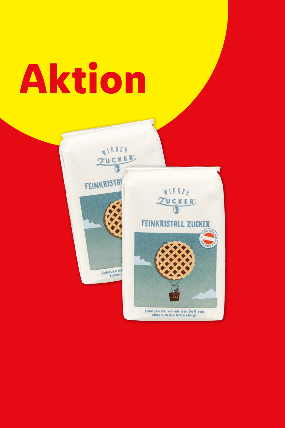 Zwei Packungen Feinkristallzucker mit Heißluftballon-Motiv und dem Text 'Aktion'.