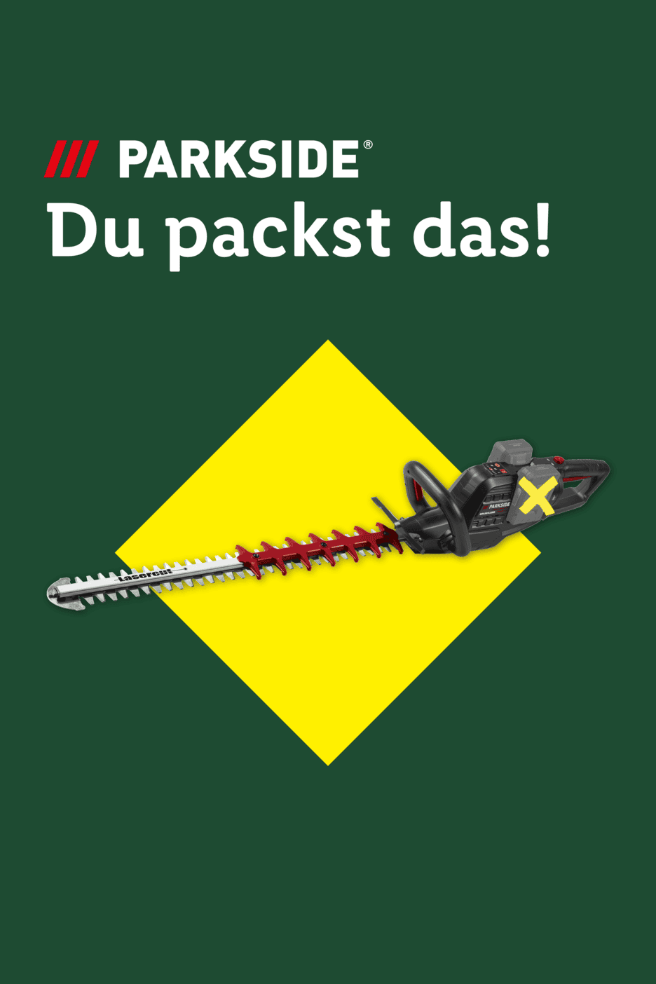 Heckenschere auf gelbem Hintergrund mit dem Text 'Du packst das!'