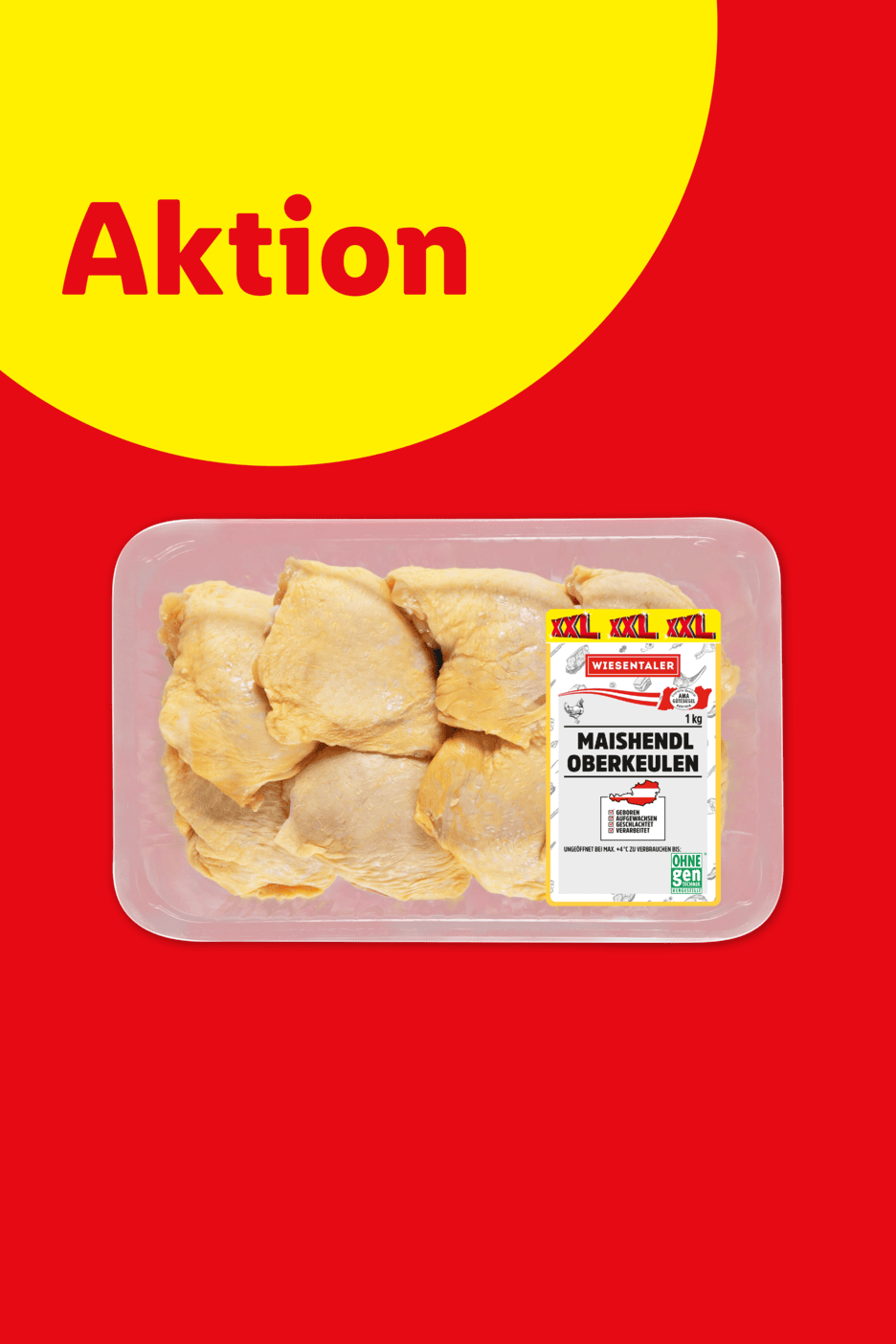 Aktion: Packung Maishähnchen-Oberkeulen auf rotem Hintergrund.