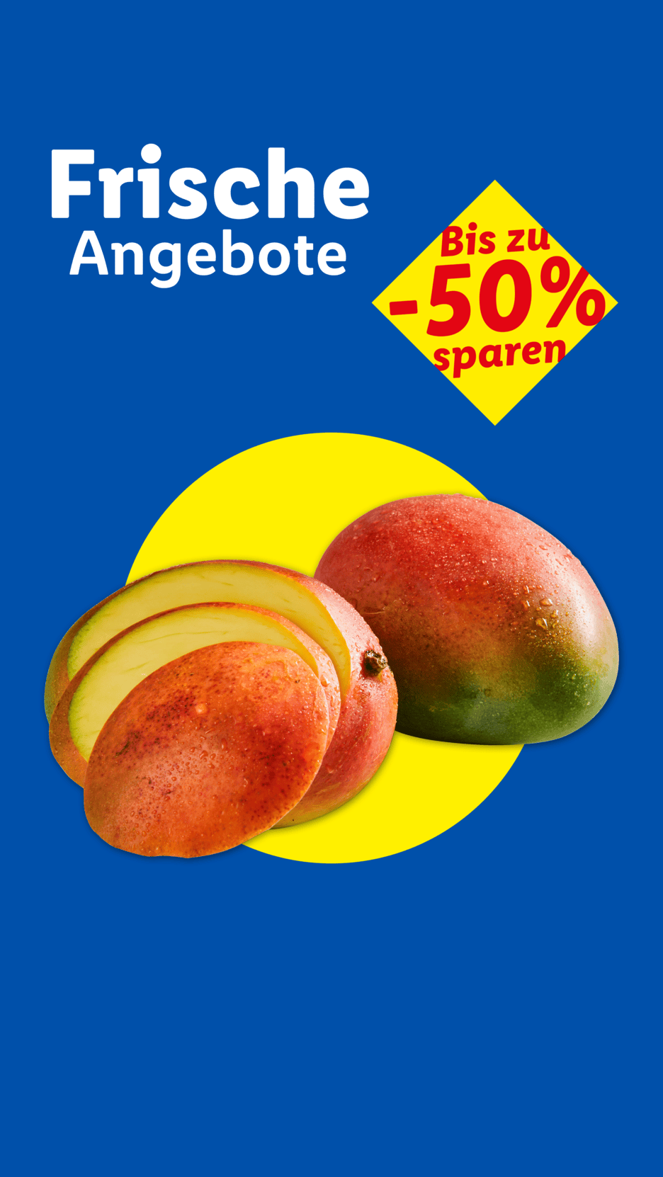 Frische Angebote: Mangos, teilweise geschnitten, mit bis zu 50% Rabatt.