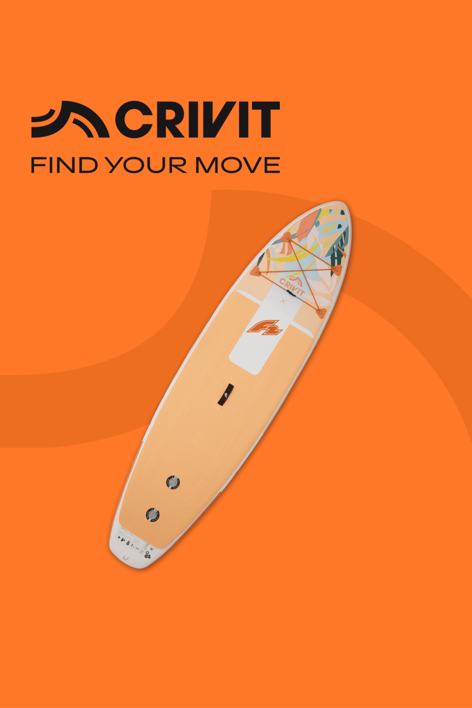 Ein orangefarbenes Stand-Up-Paddle-Board mit Muster auf orangefarbenem Hintergrund, dazu der Text 'FIND YOUR MOVE'.