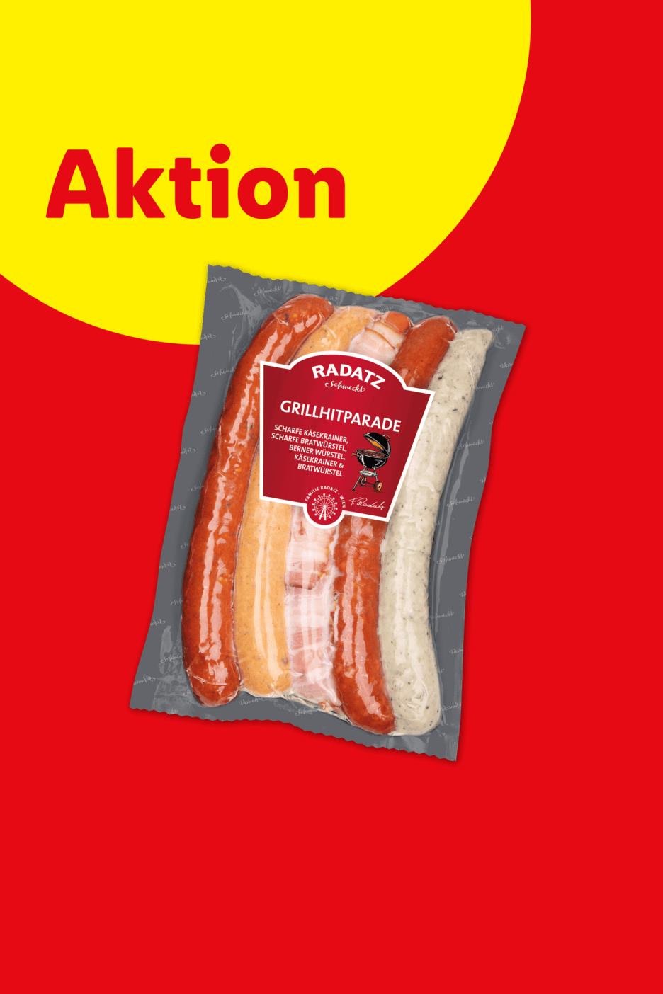 Aktion: Eine Packung Grillwürste mit Käsekrainer, Bratwürstel und Berner Würstel.