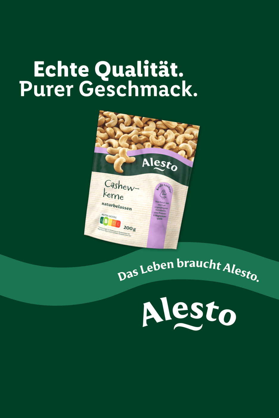 Verpackung mit Cashewkernen und dem Text „Echte Qualität. Purer Geschmack.“