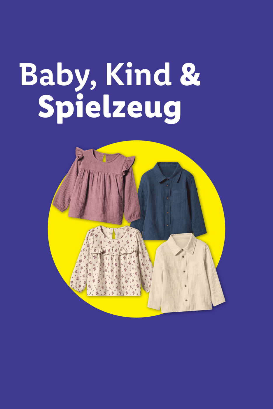Baby-, Kinderkleidung und Spielzeug: Vier Langarmshirts auf gelbem Kreis.