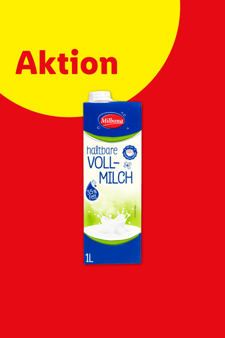 Ein Liter Vollmilch im Karton vor rotem Hintergrund mit gelbem Kreis und dem Wort „Aktion“.