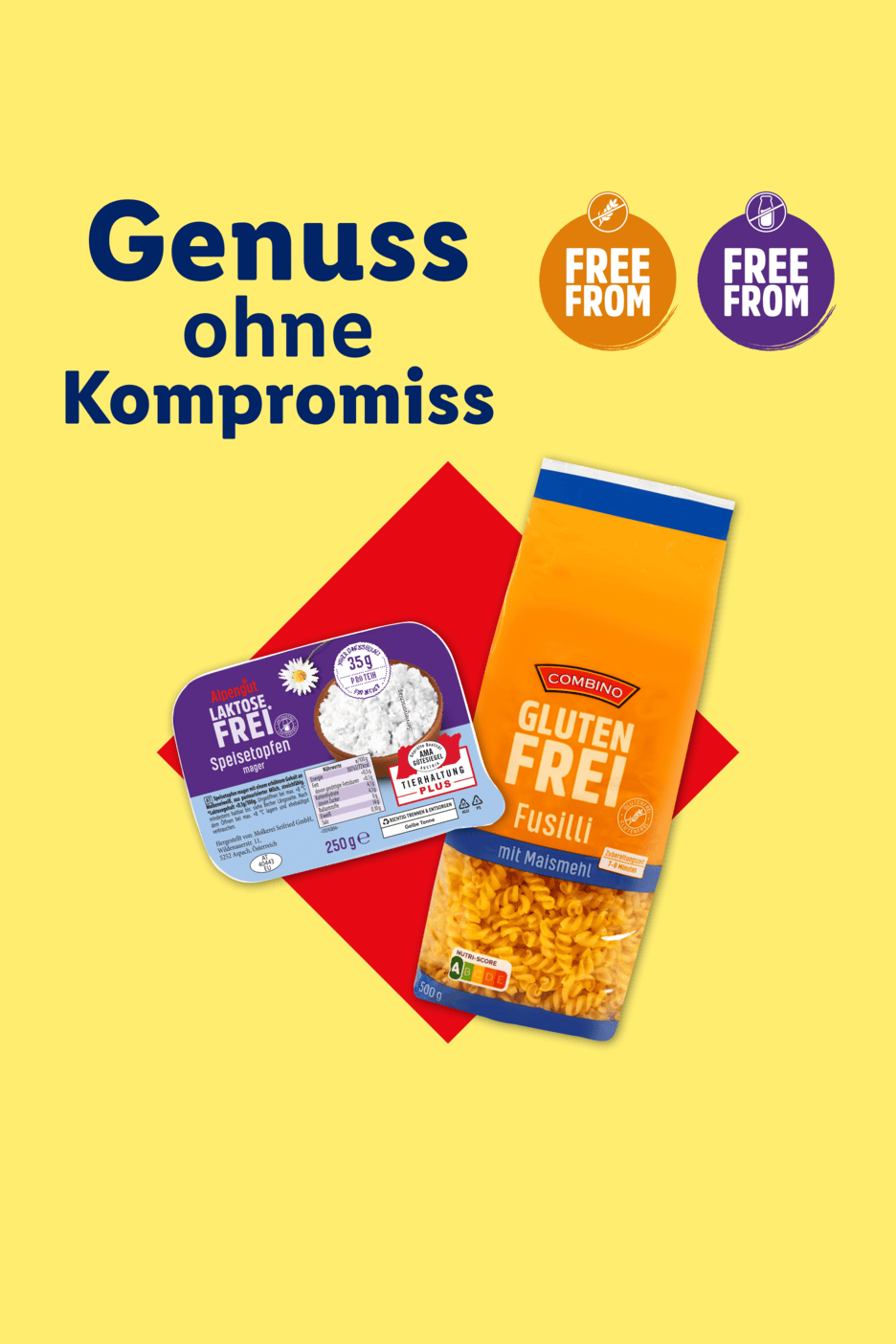 Laktosefreier Speisetopfen und glutenfreie Fusilli mit Maismehl, mit dem Text „Genuss ohne Kompromiss“.