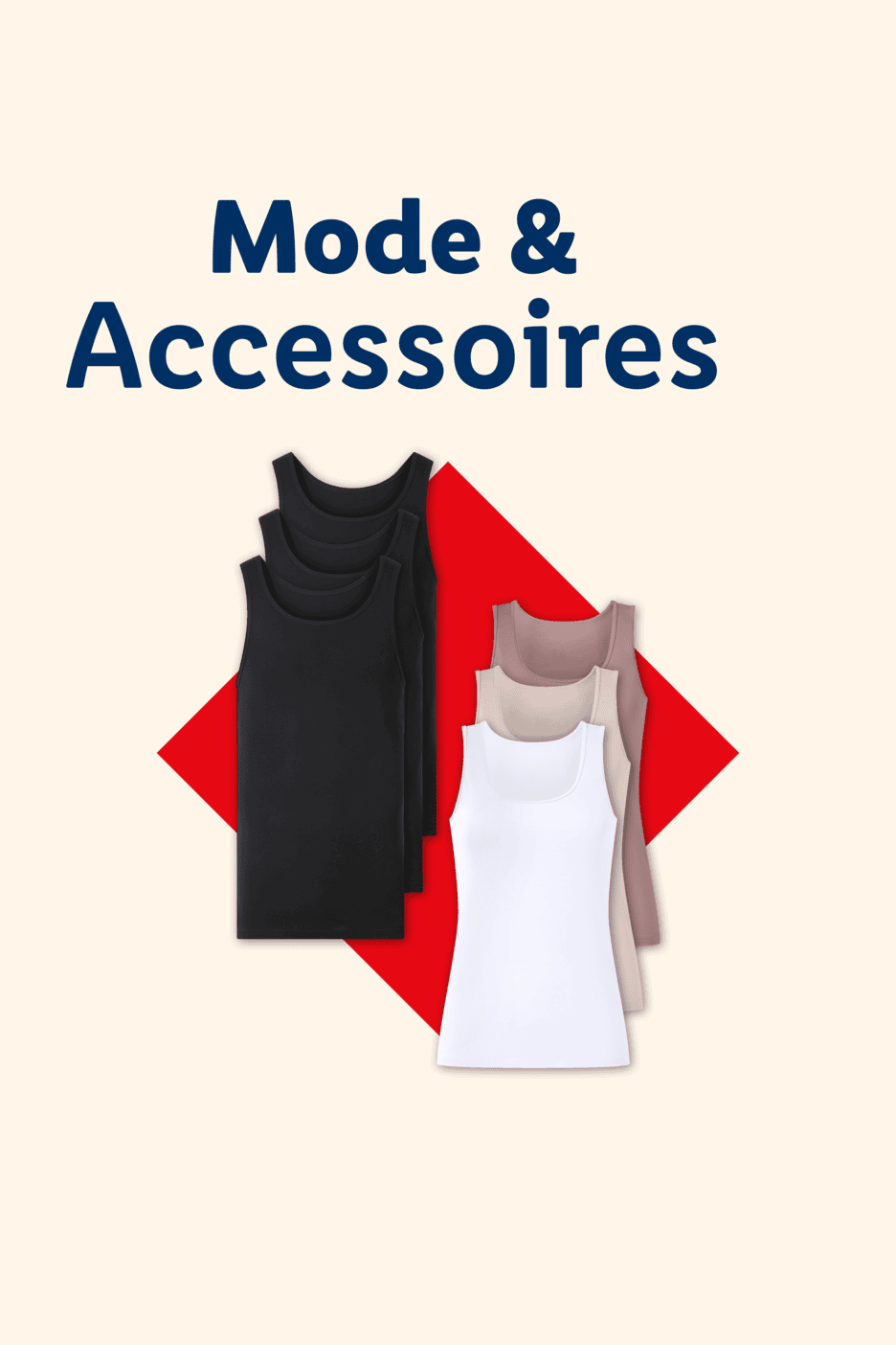 Mode & Accessoires: Schwarze, weiße und hautfarbene Unterhemden auf rotem Hintergrund.