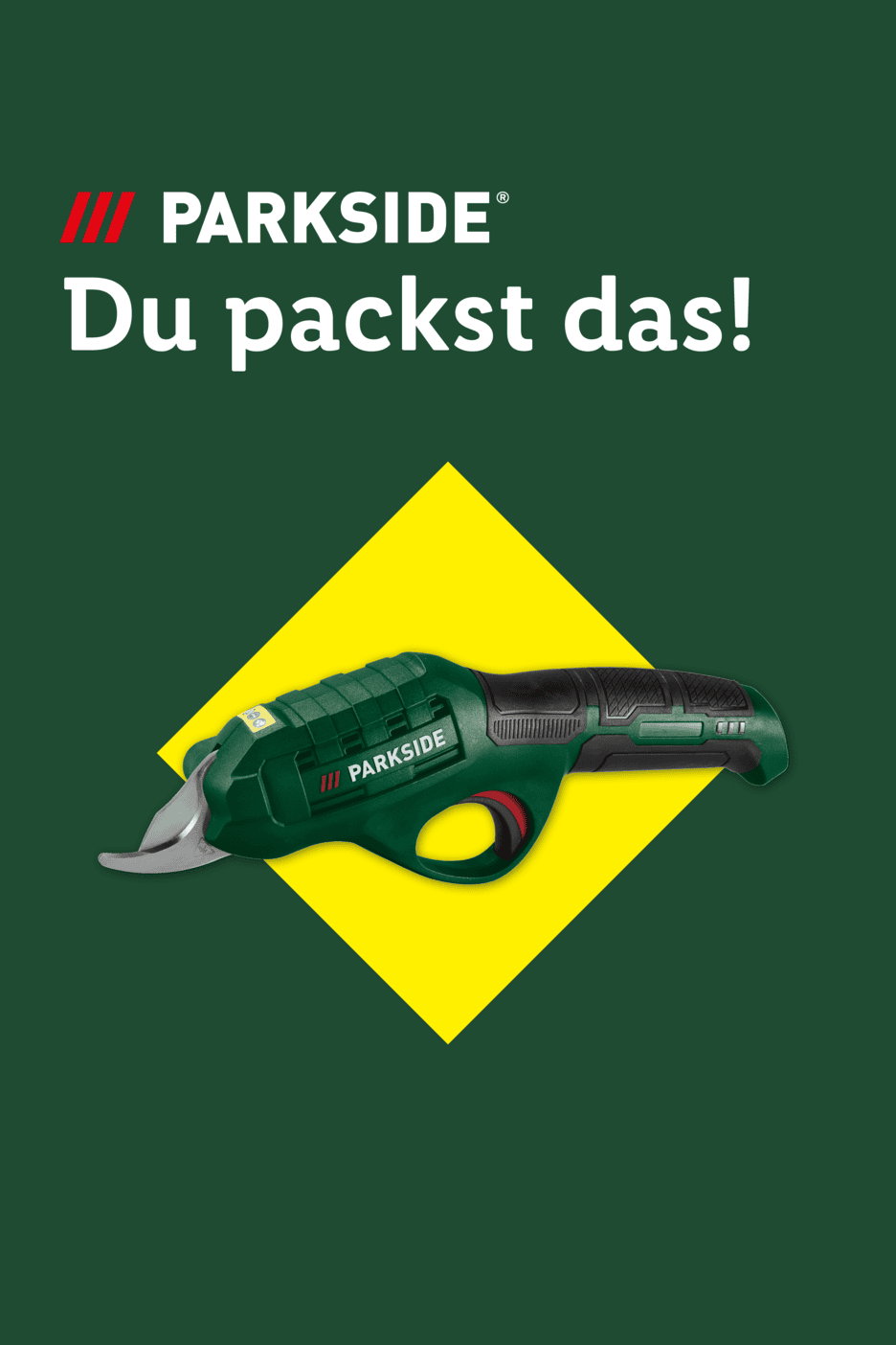 Grüne Akku-Gartenschere auf gelbem Quadrat mit dem Text 'Du packst das!'