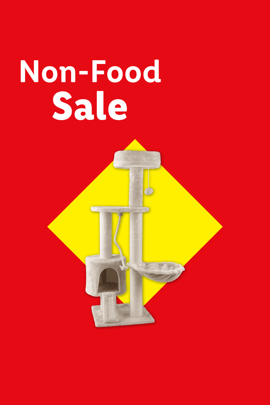 Roter Hintergrund mit gelbem Quadrat und einem Katzenkratzbaum; Text: „Non-Food Sale“.