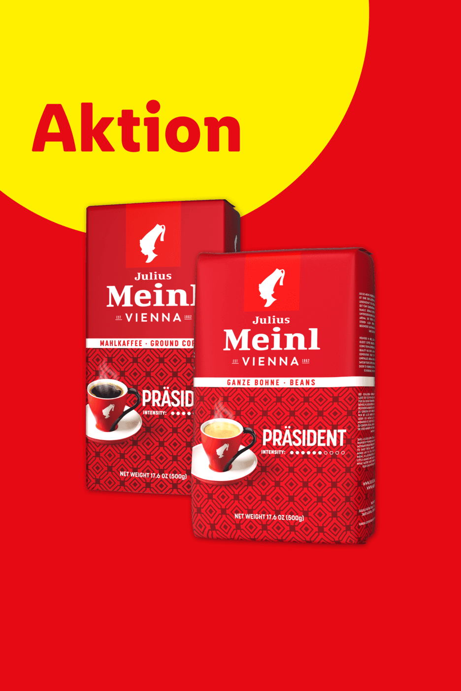 Aktionsangebot für zwei Packungen Kaffee, eine gemahlen und eine als ganze Bohnen.