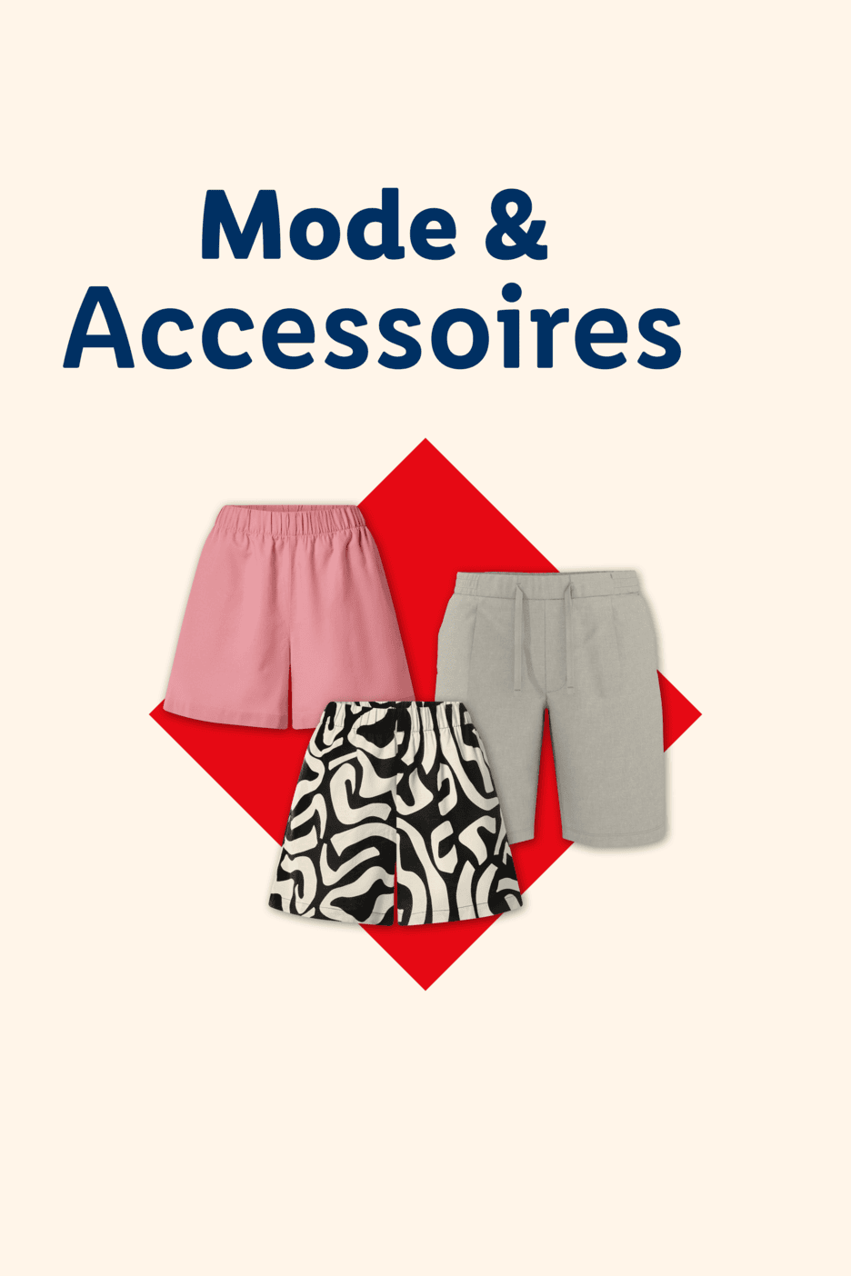 Mode & Accessoires: Drei Shorts in Rosa, Schwarz-Weiß-Muster und Grau auf rotem Hintergrund.