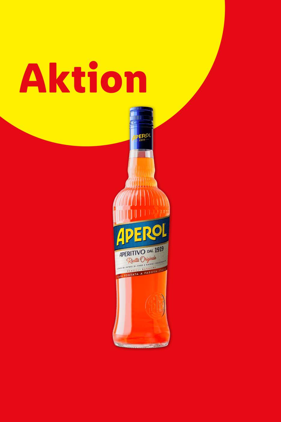 Eine Flasche Aperitif auf rotem Hintergrund mit einem gelben Kreis, der das Wort 'Aktion' enthält.