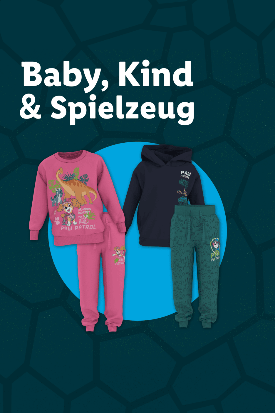 Baby-, Kinder- und Spielzeugartikel mit Paw Patrol-Motiven, darunter rosa und grüne Jogginganzüge.