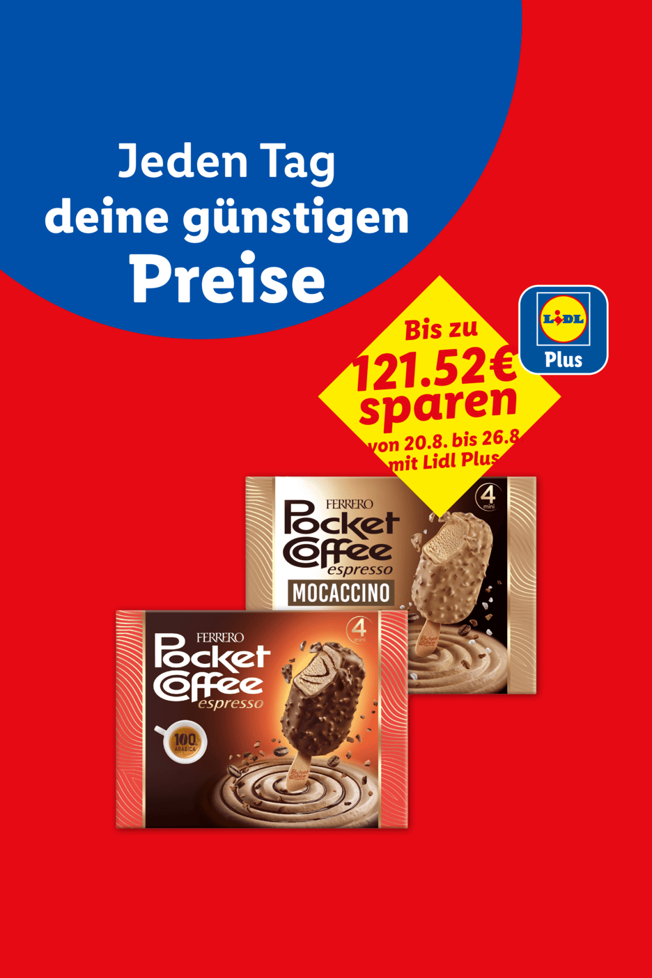 Werbung für Espresso-Eis am Stiel mit dem Slogan 'Jeden Tag deine günstigen Preise' und einem Sparangebot.