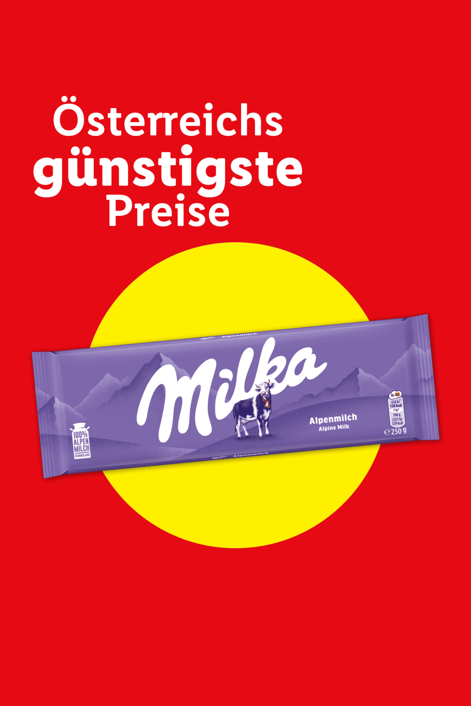 Lila Schokoladentafel mit Alpenmilch-Aufschrift und Kuh, beworben als Österreichs günstigste Preise.