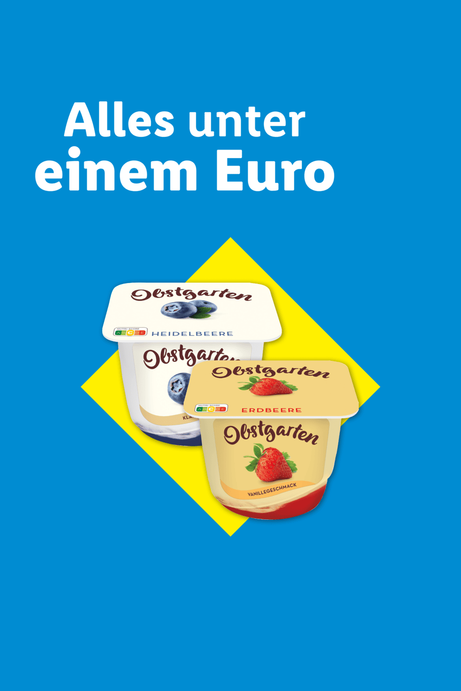 Drei Joghurtbecher mit Heidelbeer- und Erdbeergeschmack auf gelbem Hintergrund mit dem Text „Alles unter einem Euro“.