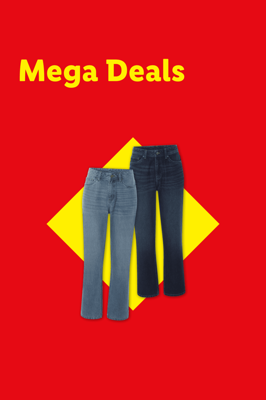 Mega Deals: Zwei Paar Jeans in Hellblau und Dunkelblau auf rotem Hintergrund mit gelbem Quadrat.