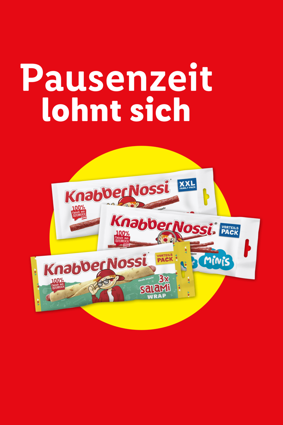 Drei Packungen Salami-Snacks auf gelbem Kreis, mit Text „Pausenzeit lohnt sich“.