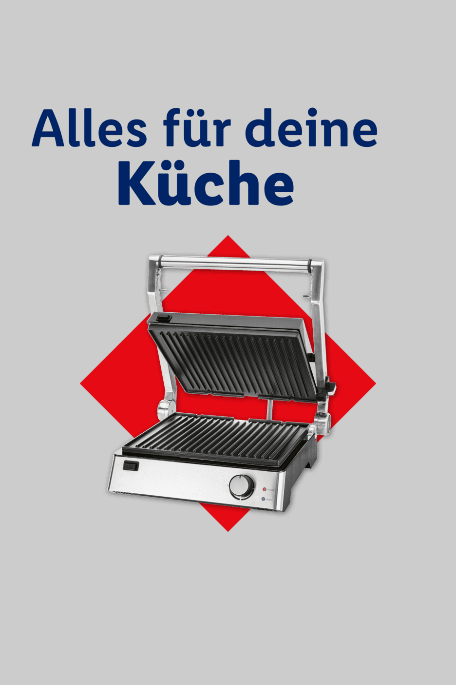Kontaktgrill auf rotem Hintergrund mit dem Text 'Alles für deine Küche'