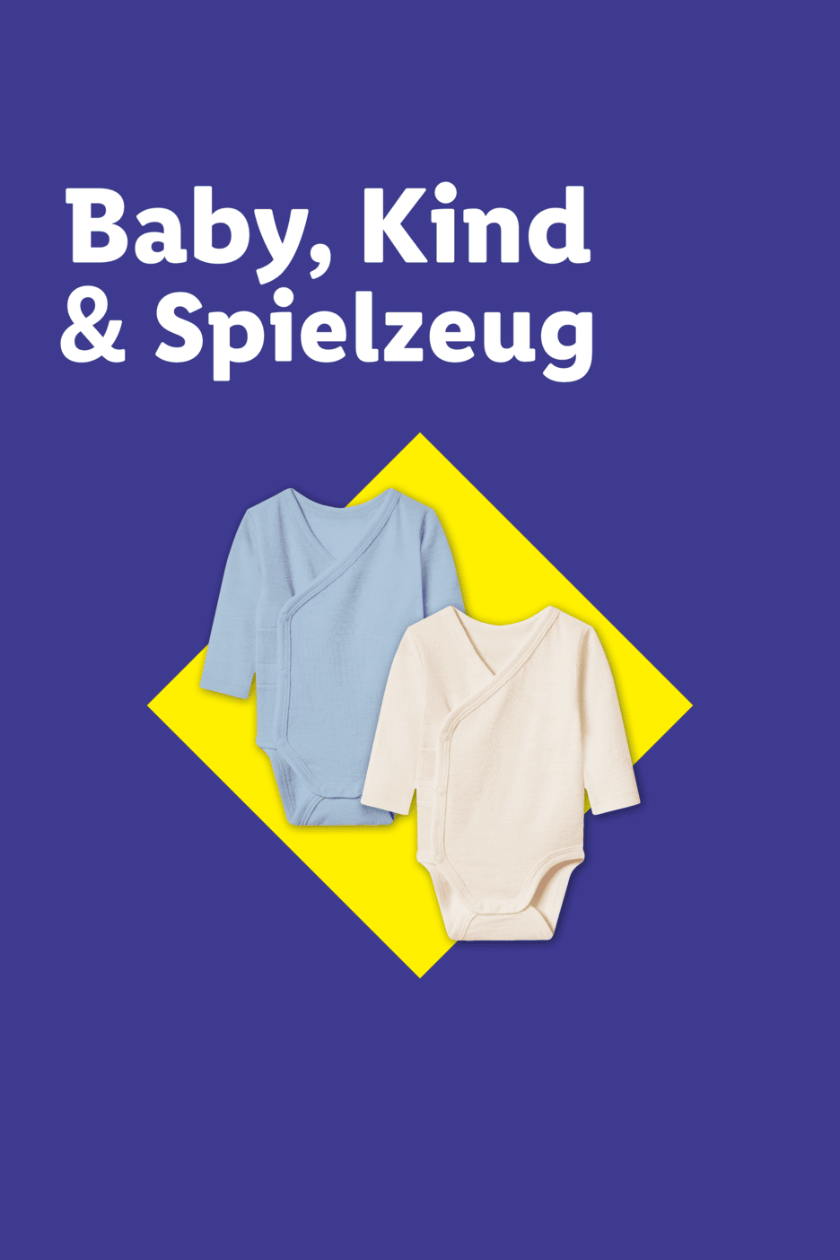 Baby, Kind & Spielzeug: Zwei Babybodys (hellblau und beige) auf gelbem Hintergrund.