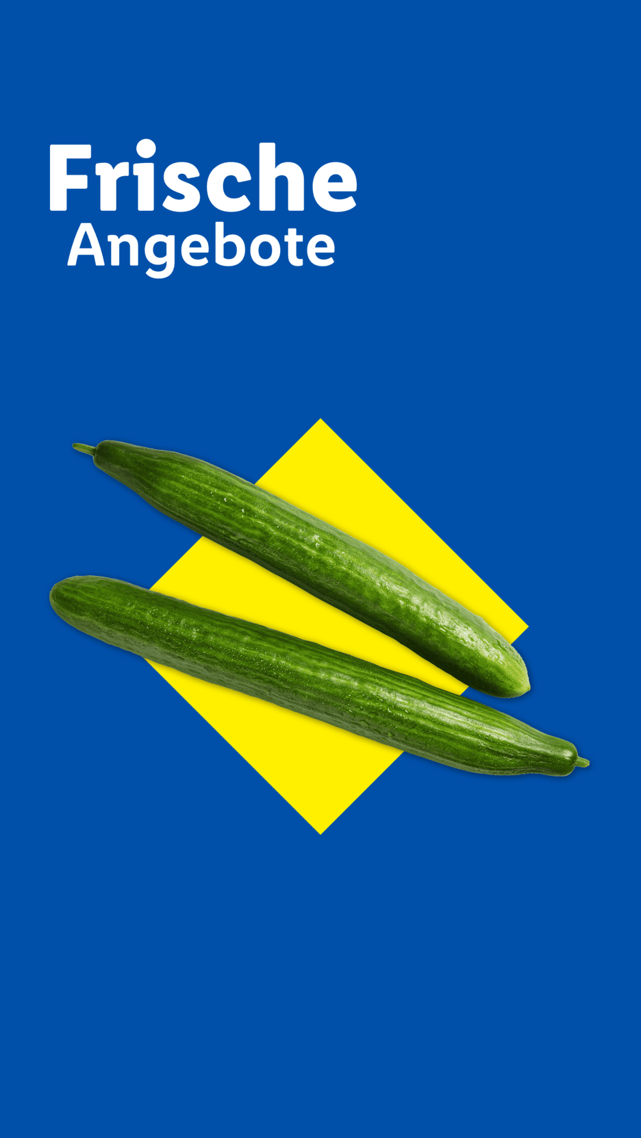 Zwei frische Gurken auf gelbem und blauem Hintergrund mit dem Text 'Frische Angebote'.