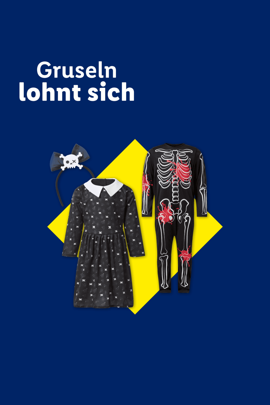 Zwei Halloween-Kinderkostüme vor blau-gelbem Hintergrund mit dem Schriftzug 'Gruseln lohnt sich'.