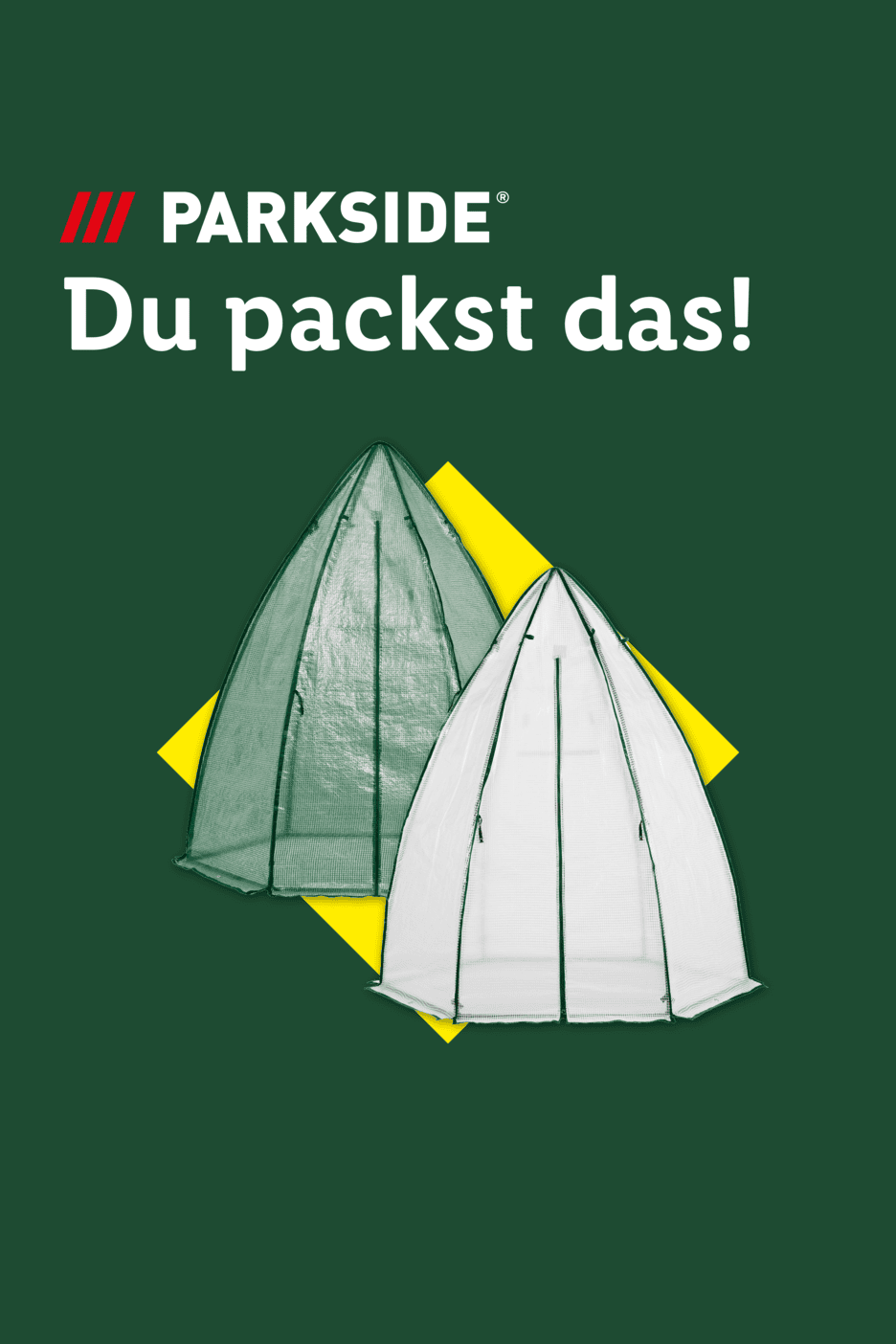 Zwei kleine Gewächshäuser in Grün und Weiß vor dunkelgrünem Hintergrund.