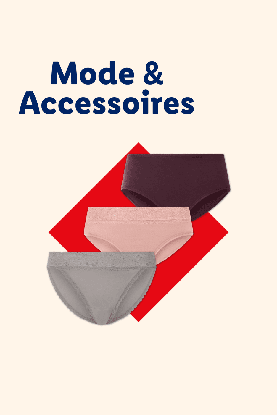 Drei Damen-Unterhosen in verschiedenen Farben vor rotem Hintergrund unter dem Schriftzug Mode & Accessoires.