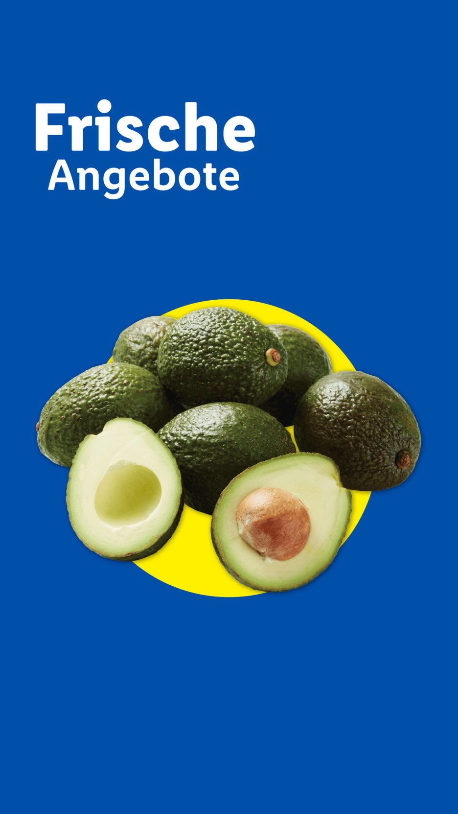 Frische Avocados auf blauem Hintergrund mit der Aufschrift Frische Angebote.