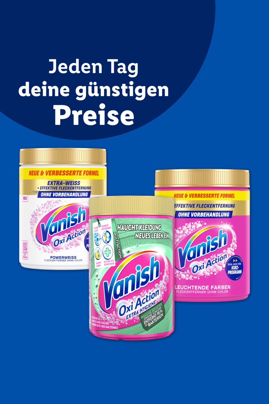 Drei Dosen Fleckenentferner-Pulver für weiße, bunte und hygienische Wäsche.