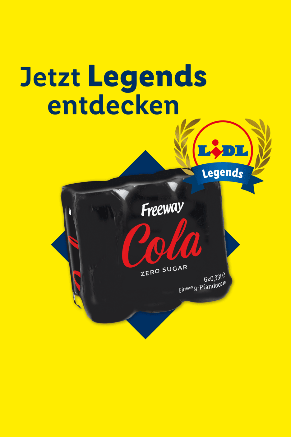 Ein Sechserpack zuckerfreie Cola-Dosen vor gelbem Hintergrund mit Werbetext.