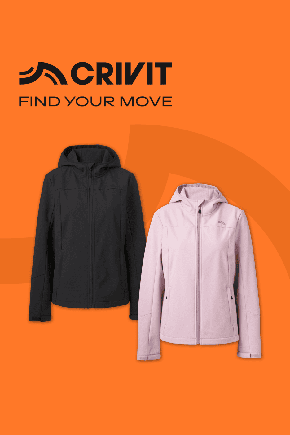 Zwei Damen-Softshelljacken in Schwarz und Rosa vor orangefarbenem Hintergrund.