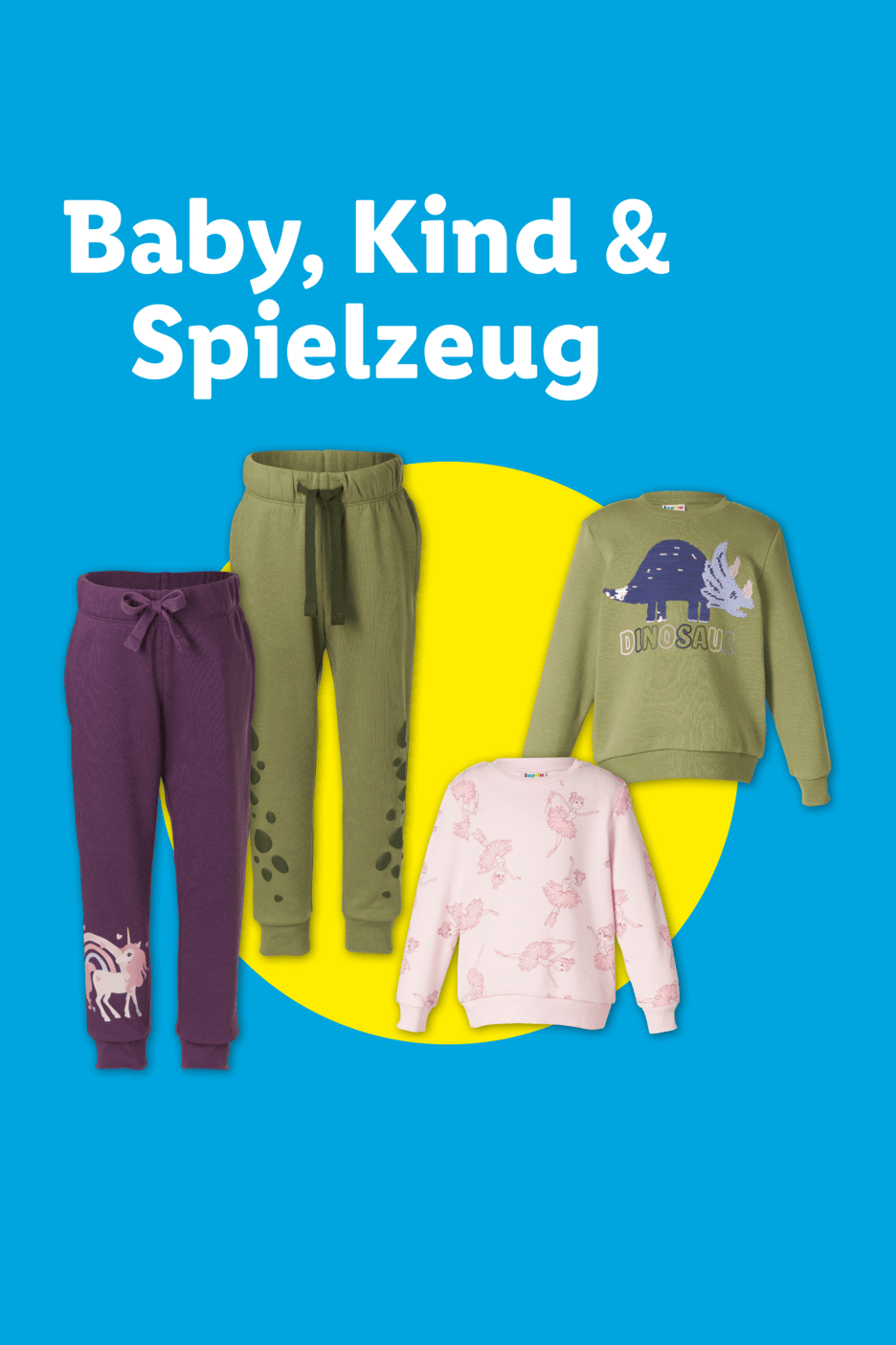 Kinderkleidung mit Dinosaurier- und Einhorn-Motiven vor blau-gelbem Hintergrund.