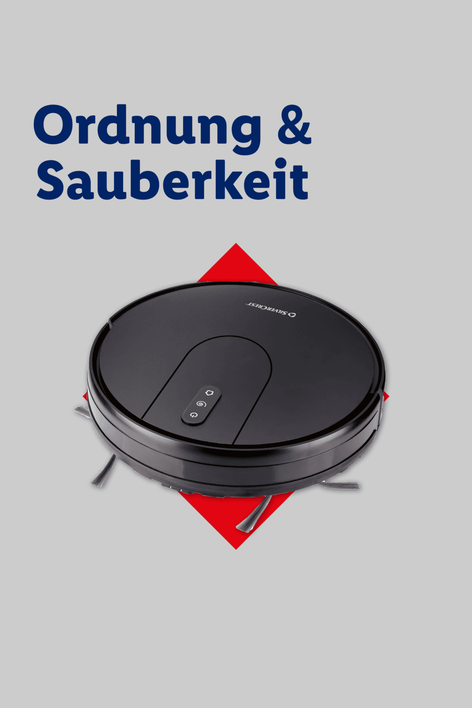 Ein schwarzer Saugroboter vor rotem Hintergrund mit dem Schriftzug Ordnung & Sauberkeit.