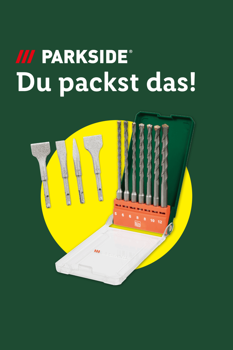 Parkside Bohr- und Meißelset mit Zubehör und Verpackung vor grünem Hintergrund mit dem Slogan 'Du packst das!'