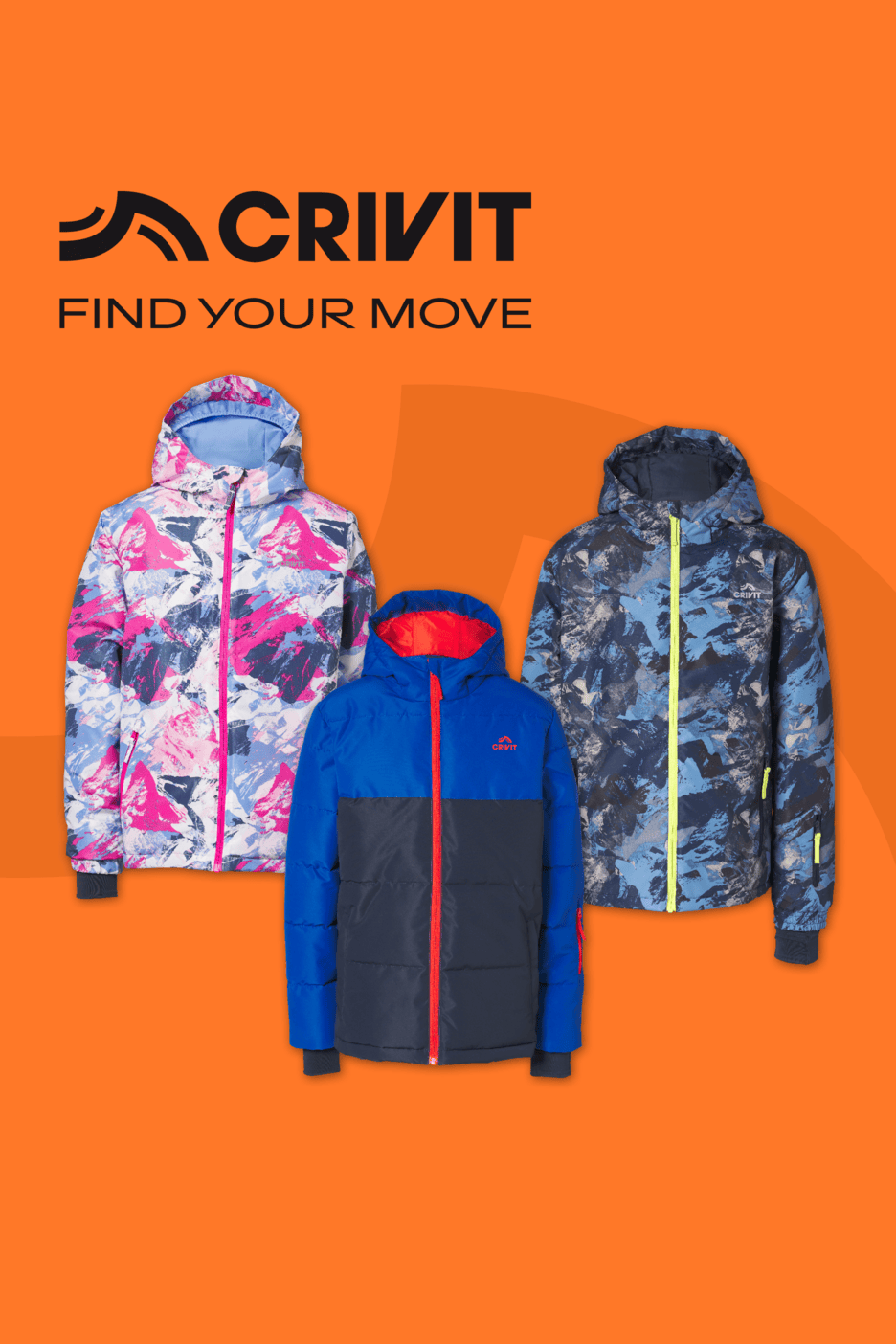 Crivit Kinder-Skijacken in verschiedenen Farben und Mustern vor orangefarbenem Hintergrund mit dem Slogan 'Find Your Move'.